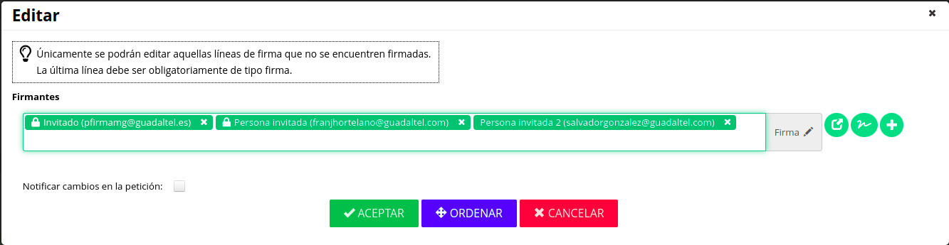 Pantalla de edición de líneas de firma con firmantes invitados con restricciones