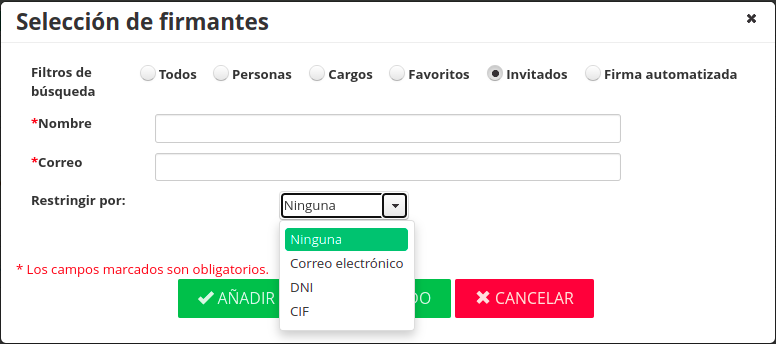 Diálogo de inserción de firmantes invitados con restricciones habilitadas