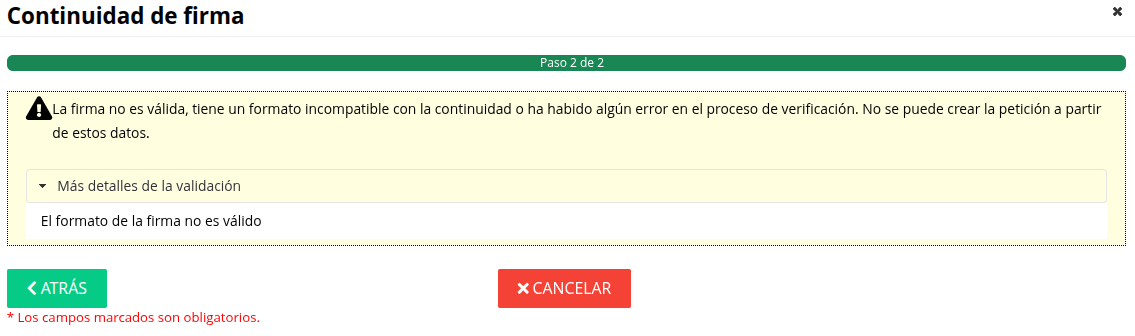 Último paso resultado erróneo de validación de firma Último paso resultado erróneo de validación de firma