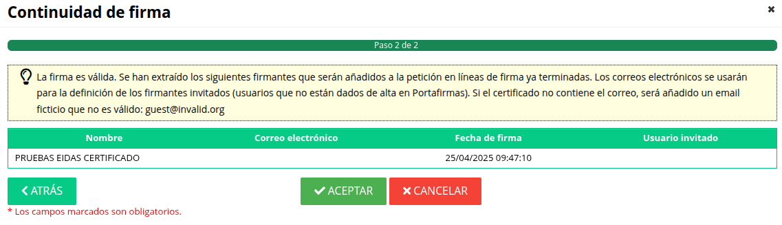 Último paso resultado de validación y extracción de firmantes Último paso resultado de validación y extracción de firmantes